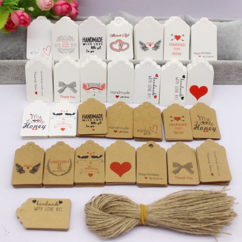 Kraft Hang Tag - 100 stuks+100string 3x5cm wit/kraftpapier. Bedankt voor